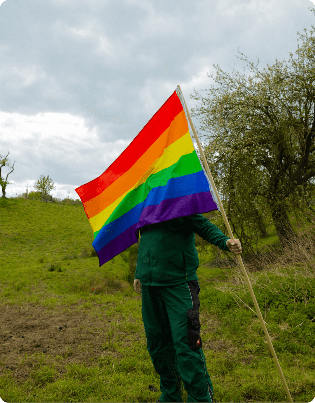 Man holding a rainbow flag on a meadow.
