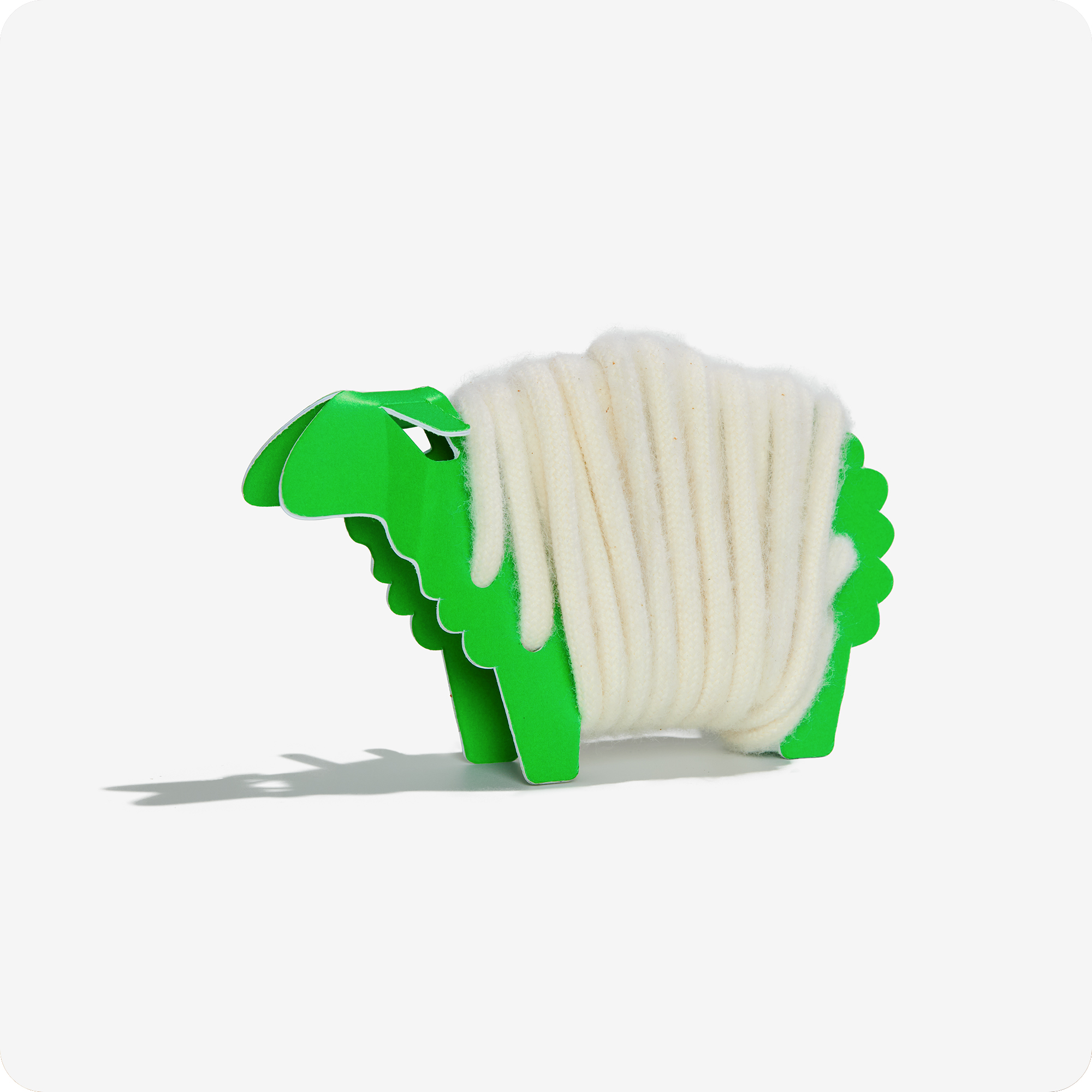Rainbow Wool Laces made of gay sheep wool wrapped around a green paper sheep in front of a white background.